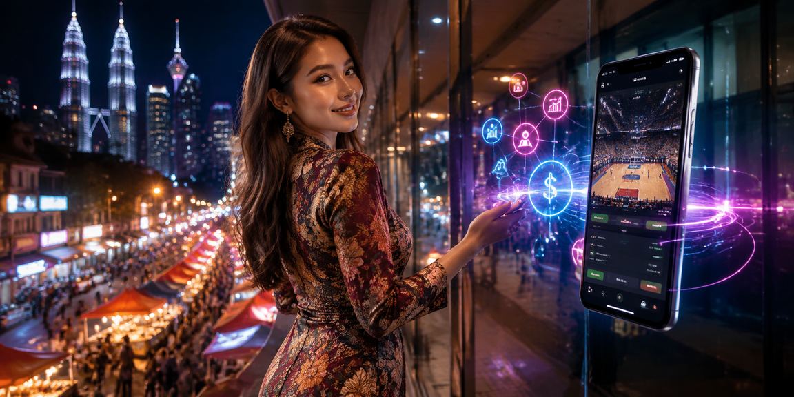 Pengguna Malaysia bermain kasino roulette dari telefon bimbit berlatarkan motif batik Kuala Lumpur
